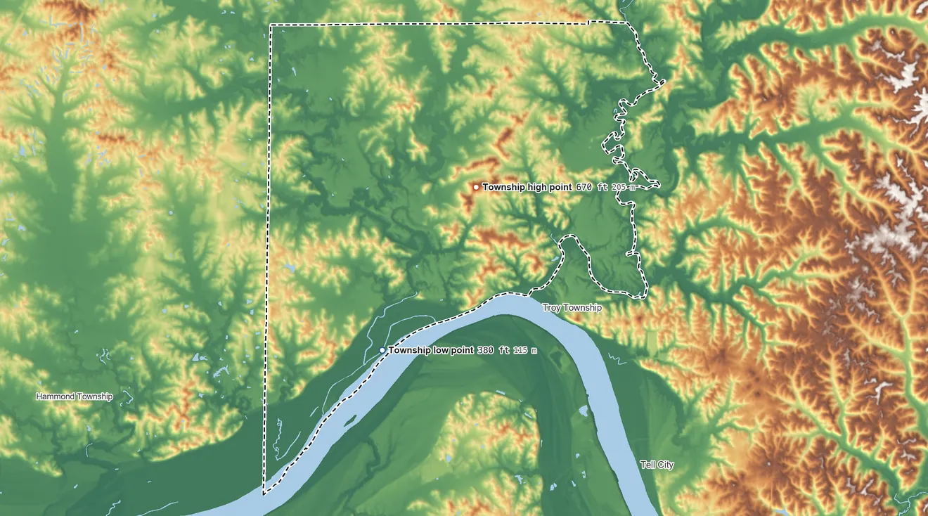 Topographic elevation map of Huff Township, Indiana, shaded from 380 ft on the south side to 670 ft on the east side
