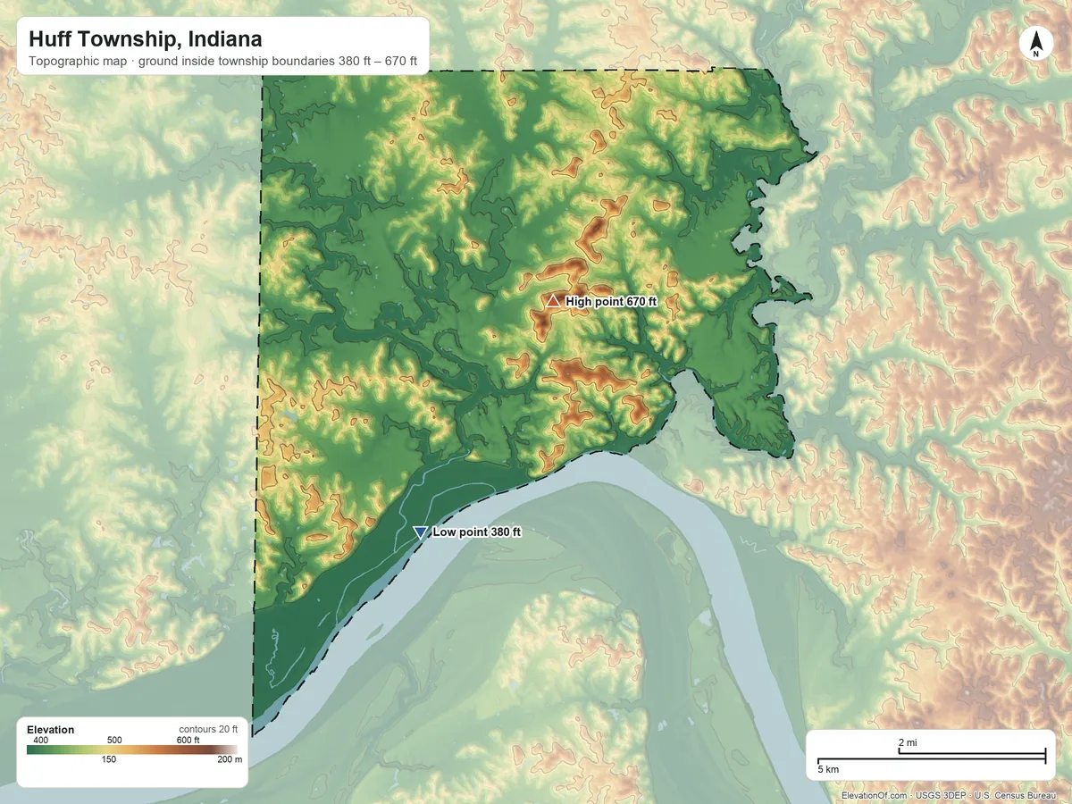 Topographic elevation map of Huff Township, Indiana, shaded from 380 ft on the south side to 670 ft on the east side