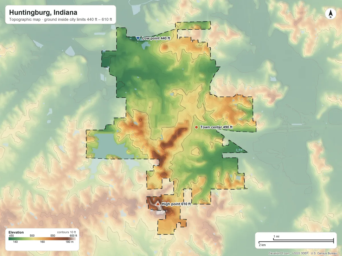 Topographic elevation map of Huntingburg, Indiana, shaded from 440 ft on the northwest side to 610 ft on the southwest side
