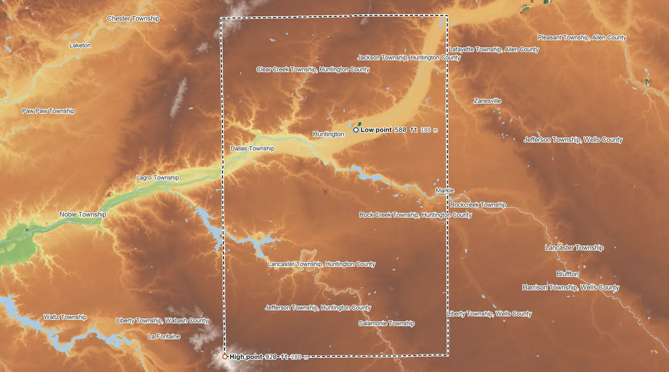 Topographic elevation map of Huntington County, Indiana, shaded from 580 ft on the north side to 920 ft on the southwest side