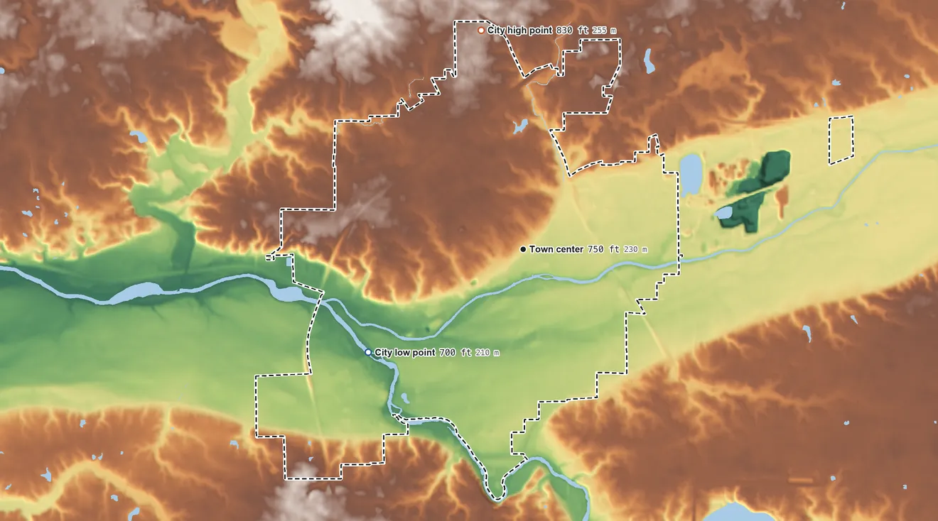 Topographic elevation map of Huntington, Indiana, shaded from 700 ft on the southwest side to 830 ft on the north side