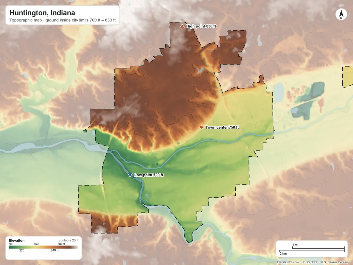 Topographic elevation map of Huntington, Indiana, shaded from 700 ft on the southwest side to 830 ft on the north side