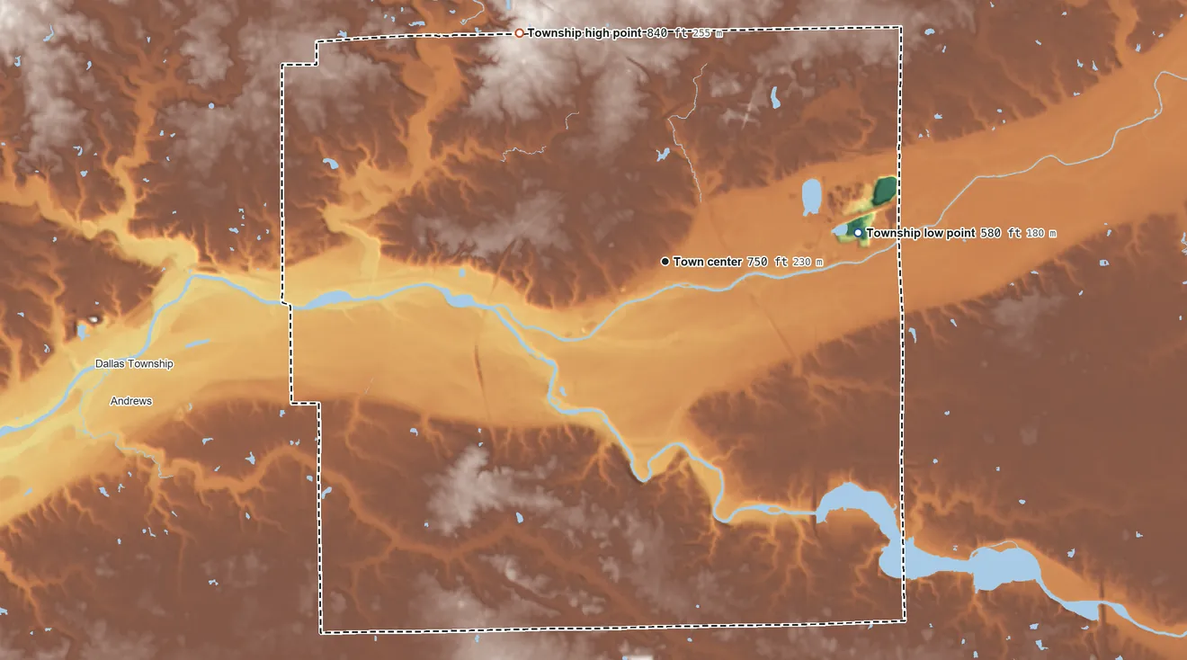 Topographic elevation map of Huntington Township, Indiana, shaded from 580 ft on the east side to 840 ft on the northwest side