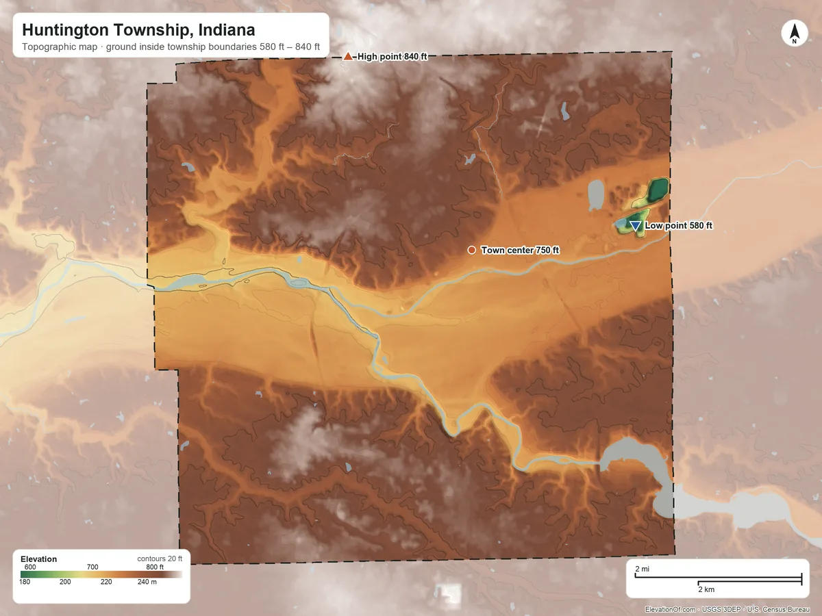 Topographic elevation map of Huntington Township, Indiana, shaded from 580 ft on the east side to 840 ft on the northwest side