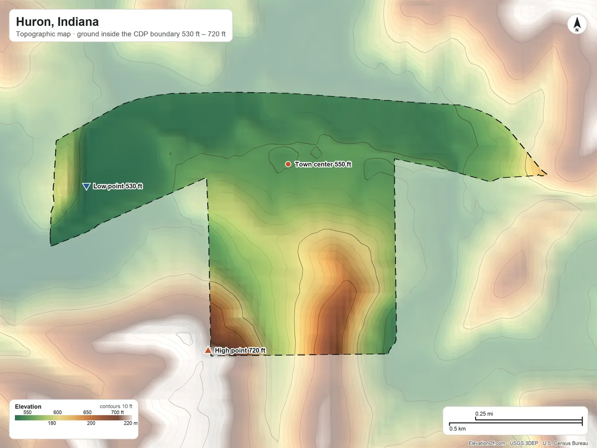 Topographic elevation map of Huron, Indiana, shaded from 530 ft on the west side to 720 ft on the southwest side