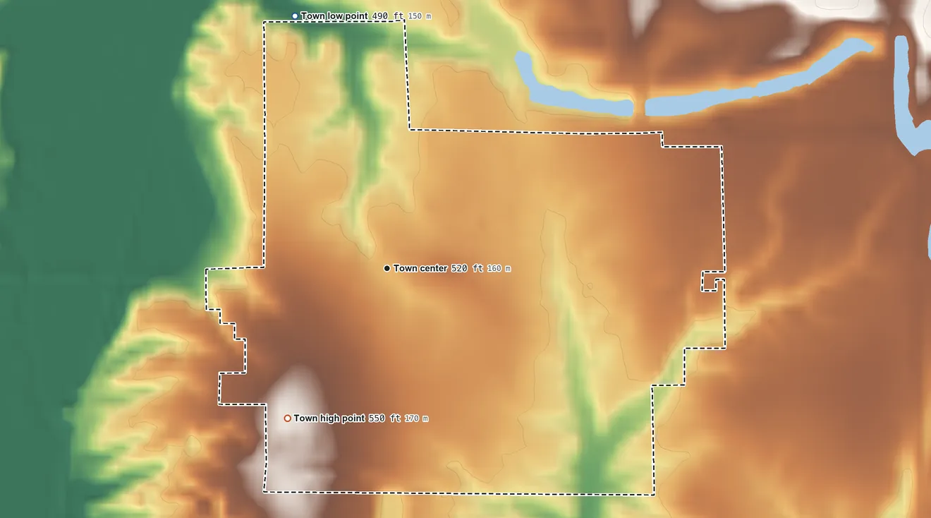 Topographic elevation map of Hymera, Indiana, shaded from 490 ft on the north side to 550 ft on the southwest side