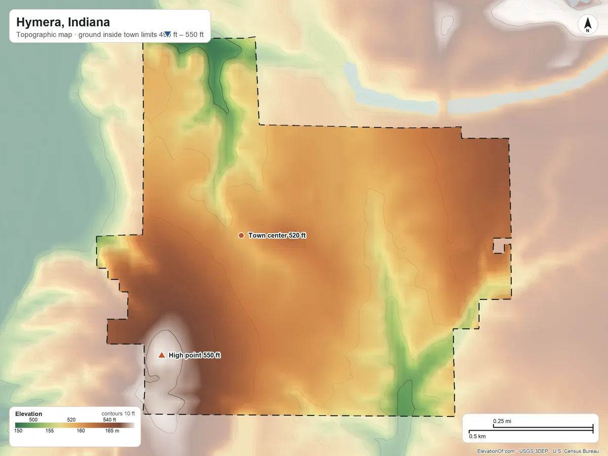 Topographic elevation map of Hymera, Indiana, shaded from 490 ft on the north side to 550 ft on the southwest side