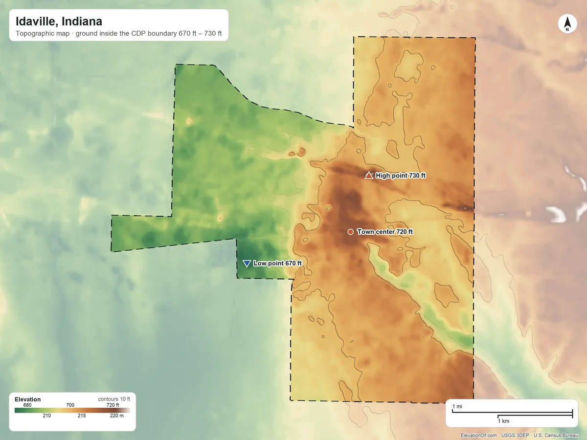 Topographic elevation map of Idaville, Indiana, shaded from 670 ft on the west side to 730 ft on the north side