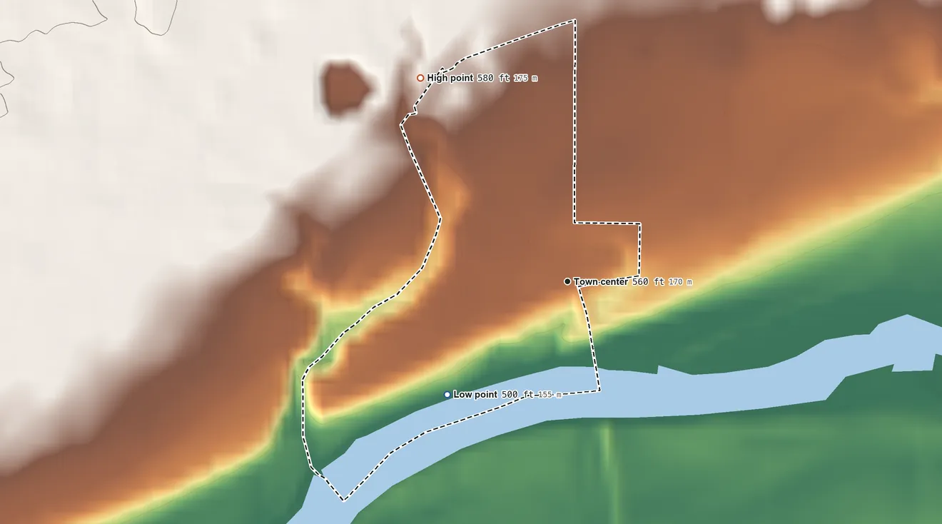 Topographic elevation map of Independence, Indiana, shaded from 500 ft on the southwest side to 580 ft on the northwest side