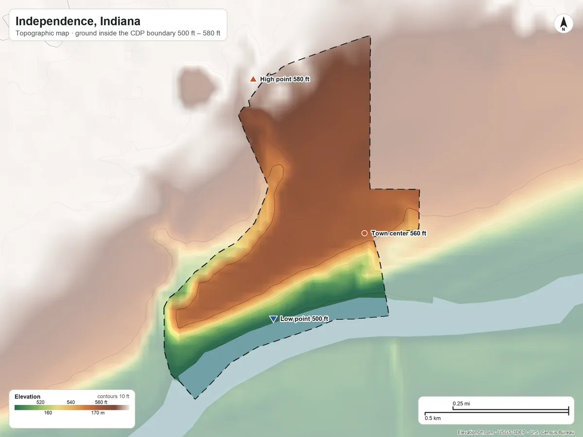 Topographic elevation map of Independence, Indiana, shaded from 500 ft on the southwest side to 580 ft on the northwest side