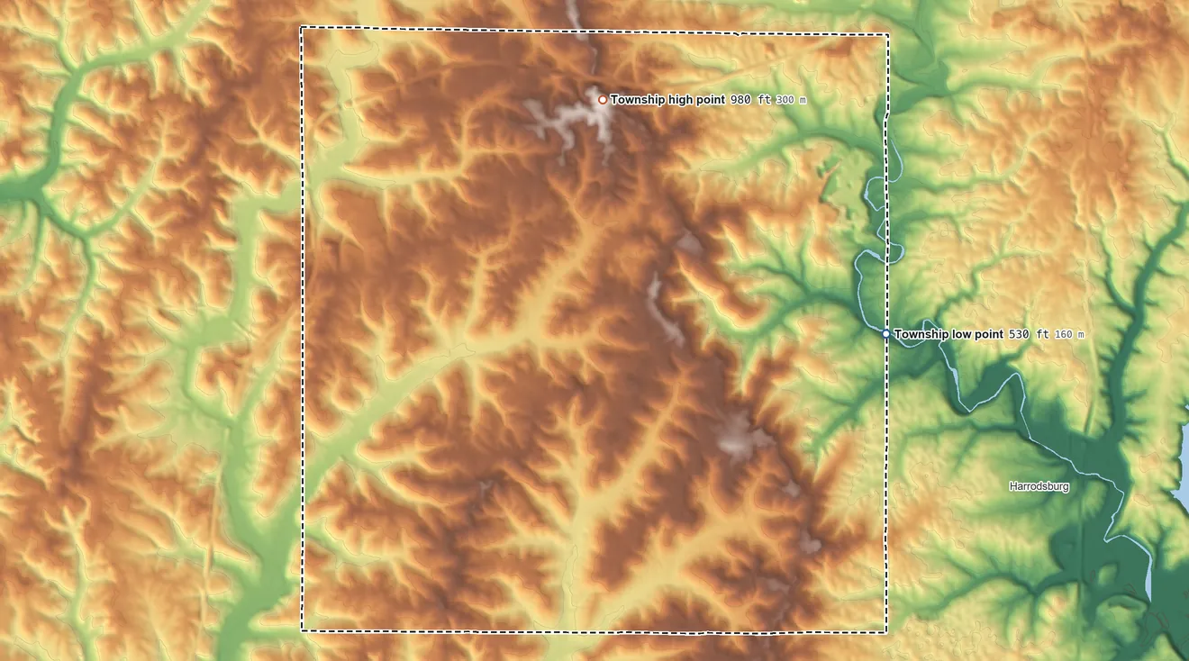 Topographic elevation map of Indian Creek Township, Monroe County, Indiana, shaded from 530 ft on the east side to 980 ft on the north side