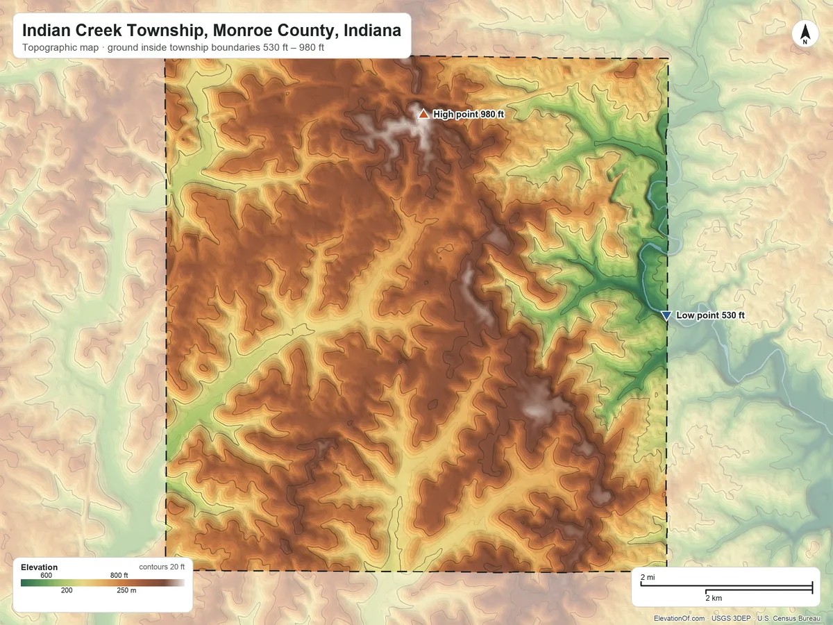 Topographic elevation map of Indian Creek Township, Monroe County, Indiana, shaded from 530 ft on the east side to 980 ft on the north side