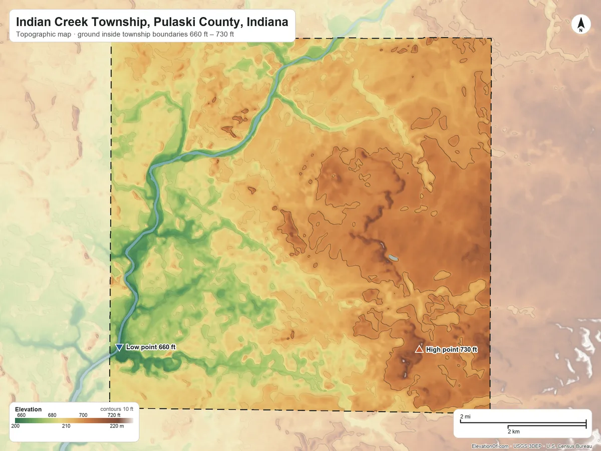 Topographic elevation map of Indian Creek Township, Pulaski County, Indiana, shaded from 660 ft on the southwest side to 730 ft on the southeast side