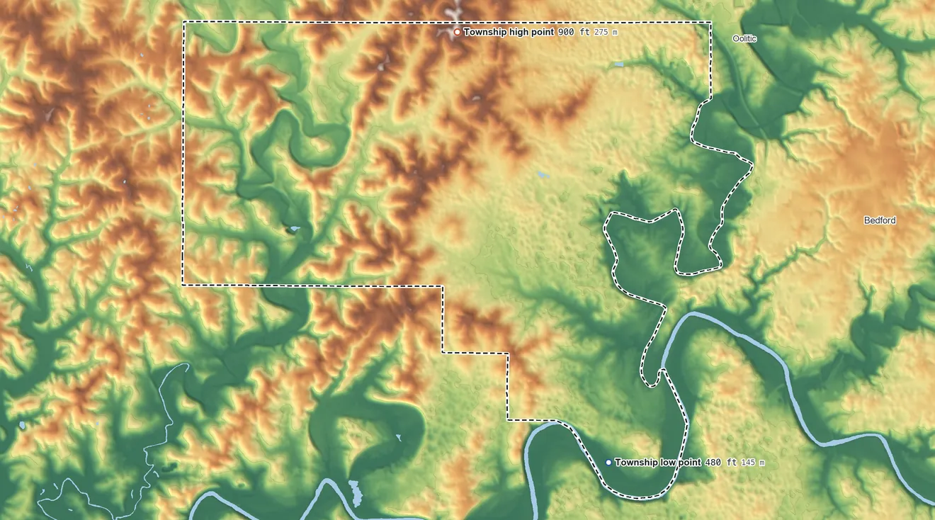 Topographic elevation map of Indian Creek Township, Indiana, shaded from 480 ft on the south side to 900 ft on the northwest side