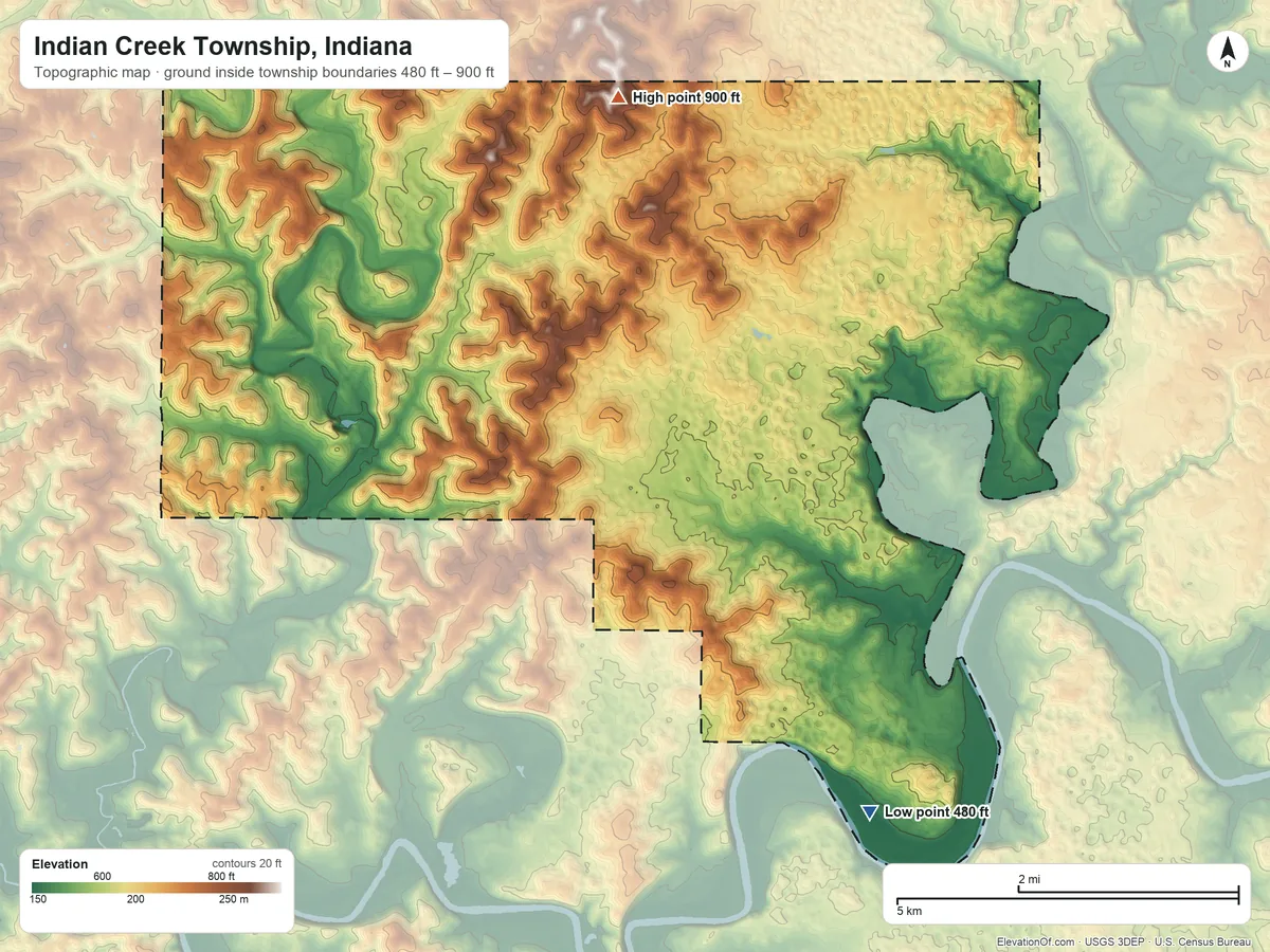Topographic elevation map of Indian Creek Township, Indiana, shaded from 480 ft on the south side to 900 ft on the northwest side