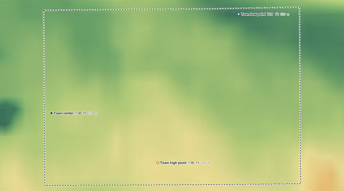 Topographic elevation map of Indian Village, Indiana, shaded from 720 ft on the northeast side to 730 ft on the southeast side