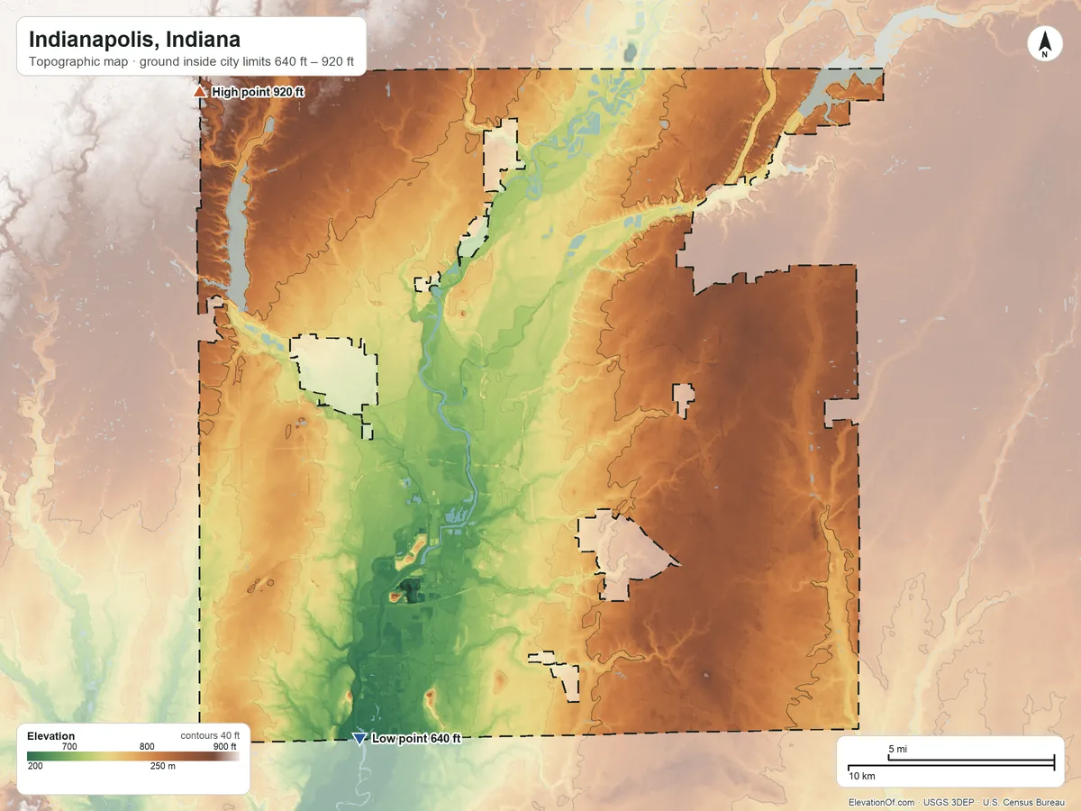 Topographic elevation map of Indianapolis, Indiana, shaded from 640 ft on the southwest side to 920 ft on the northwest side