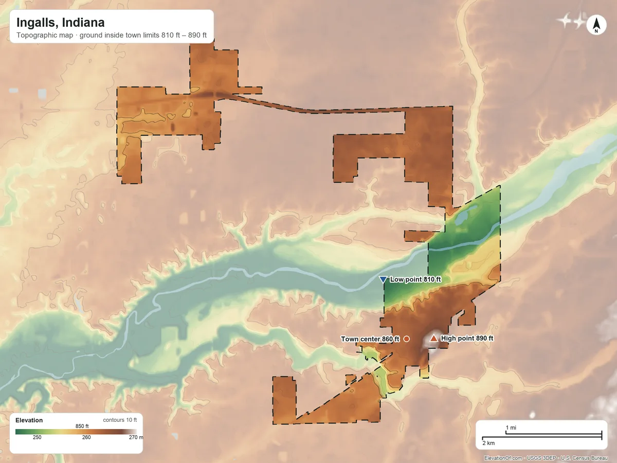 Topographic elevation map of Ingalls, Indiana, shaded from 810 ft on the north side to 890 ft near the middle