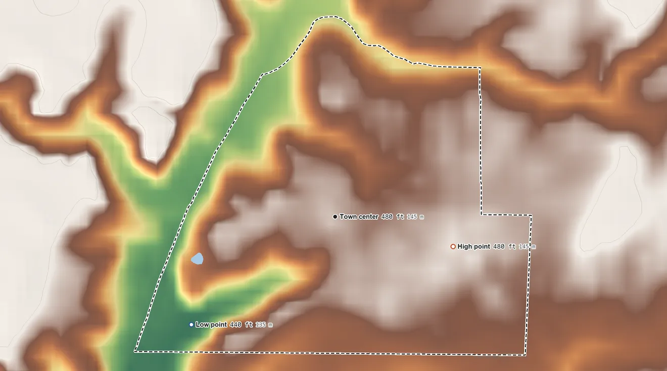 Topographic elevation map of Ireland, Indiana, shaded from 440 ft on the southwest side to 480 ft on the east side