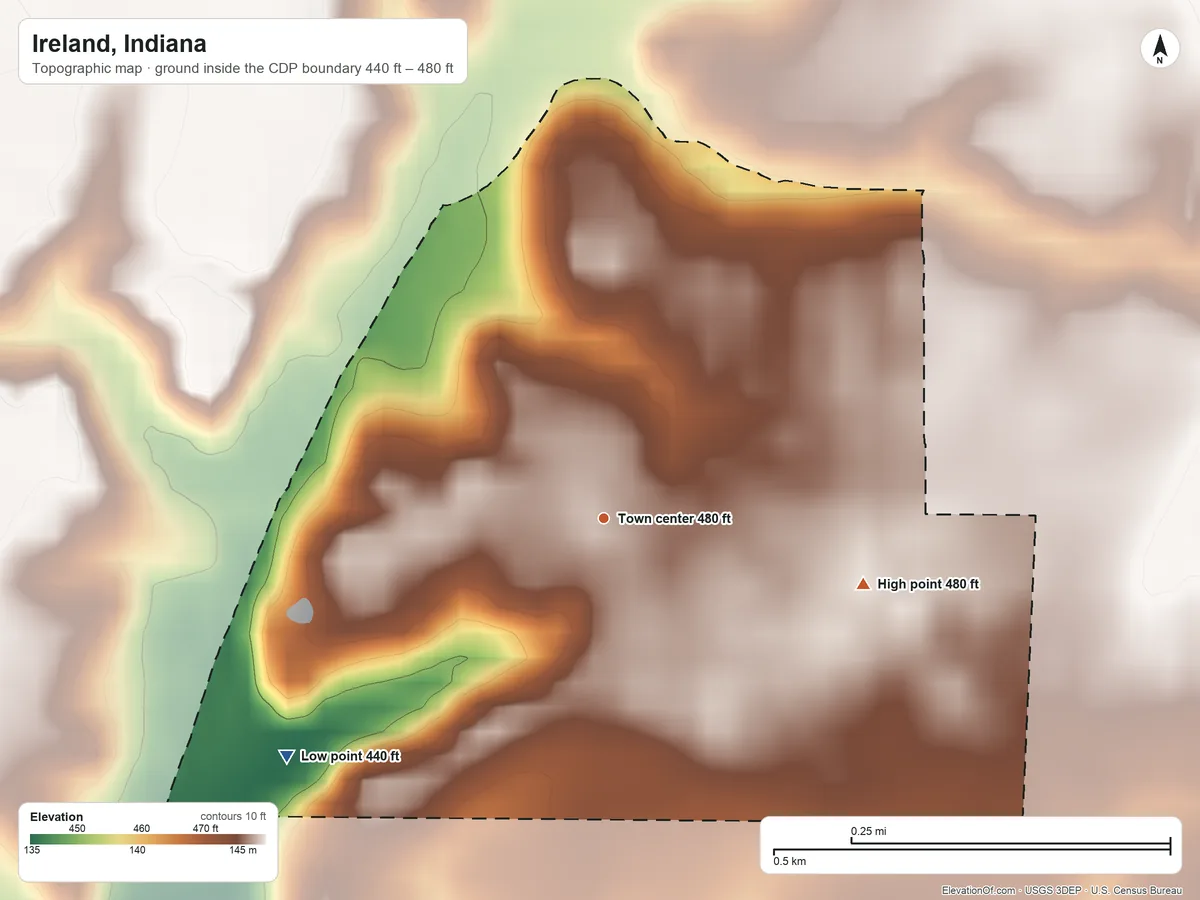 Topographic elevation map of Ireland, Indiana, shaded from 440 ft on the southwest side to 480 ft on the east side