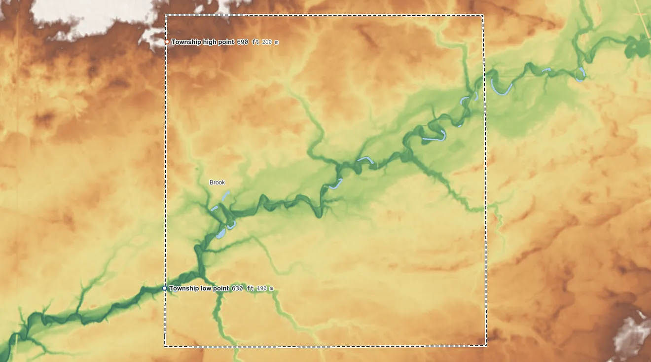 Topographic elevation map of Iroquois Township, Indiana, shaded from 630 ft on the southwest side to 690 ft on the northwest side