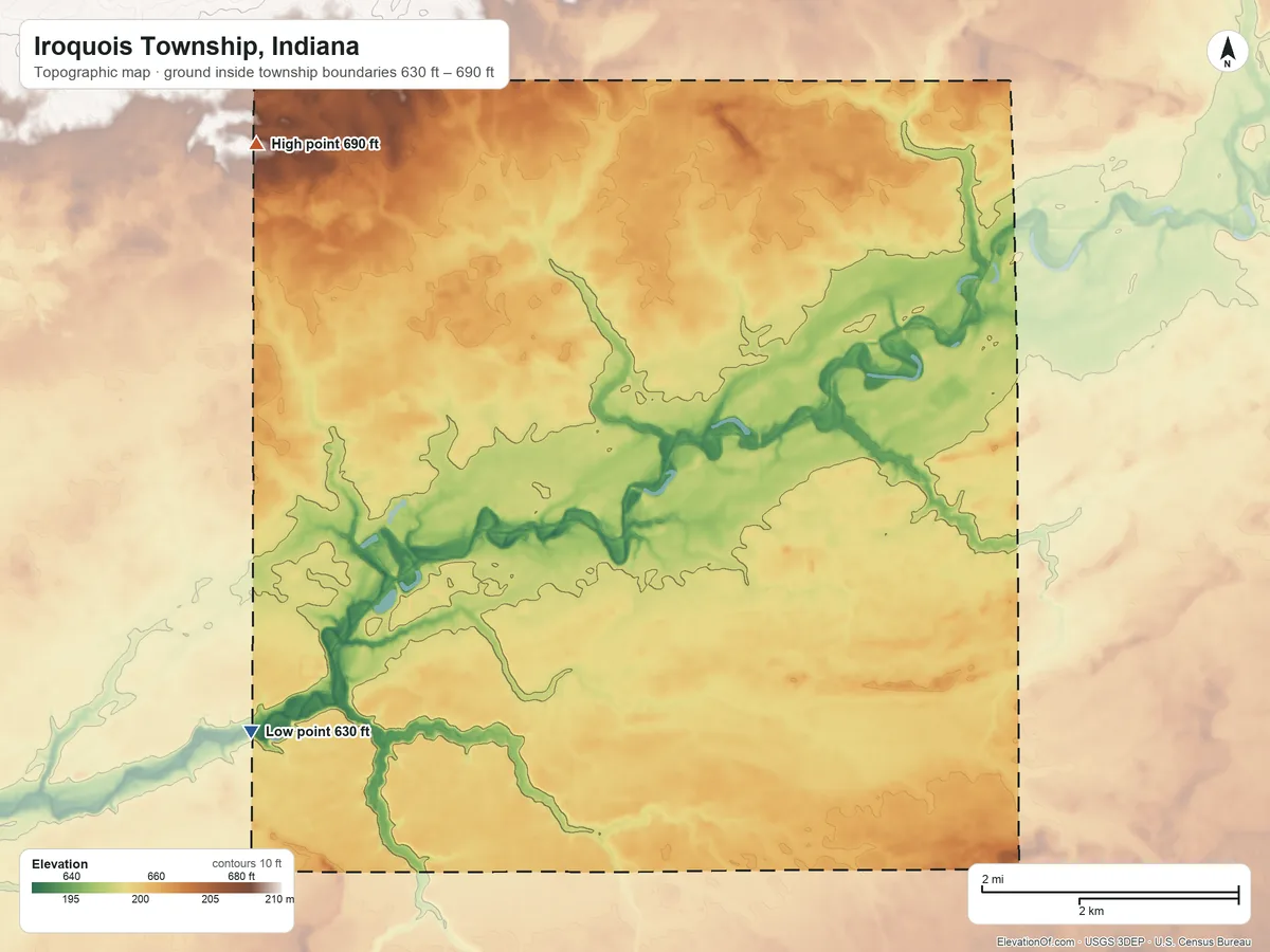 Topographic elevation map of Iroquois Township, Indiana, shaded from 630 ft on the southwest side to 690 ft on the northwest side