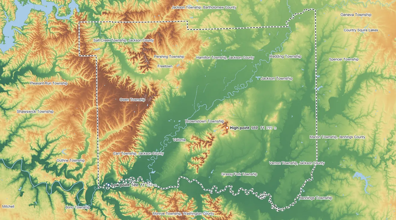 Topographic elevation map of Jackson County, Indiana, shaded from 500 ft on the southwest side to 980 ft on the southeast side