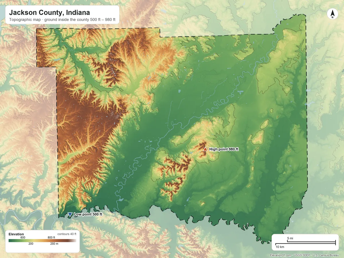 Topographic elevation map of Jackson County, Indiana, shaded from 500 ft on the southwest side to 980 ft on the southeast side