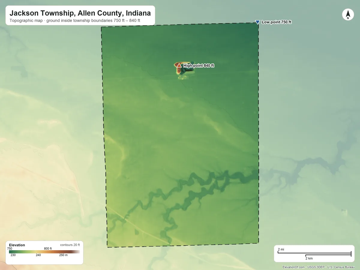 Topographic elevation map of Jackson Township, Allen County, Indiana, shaded from 750 ft on the northeast side to 840 ft on the north side