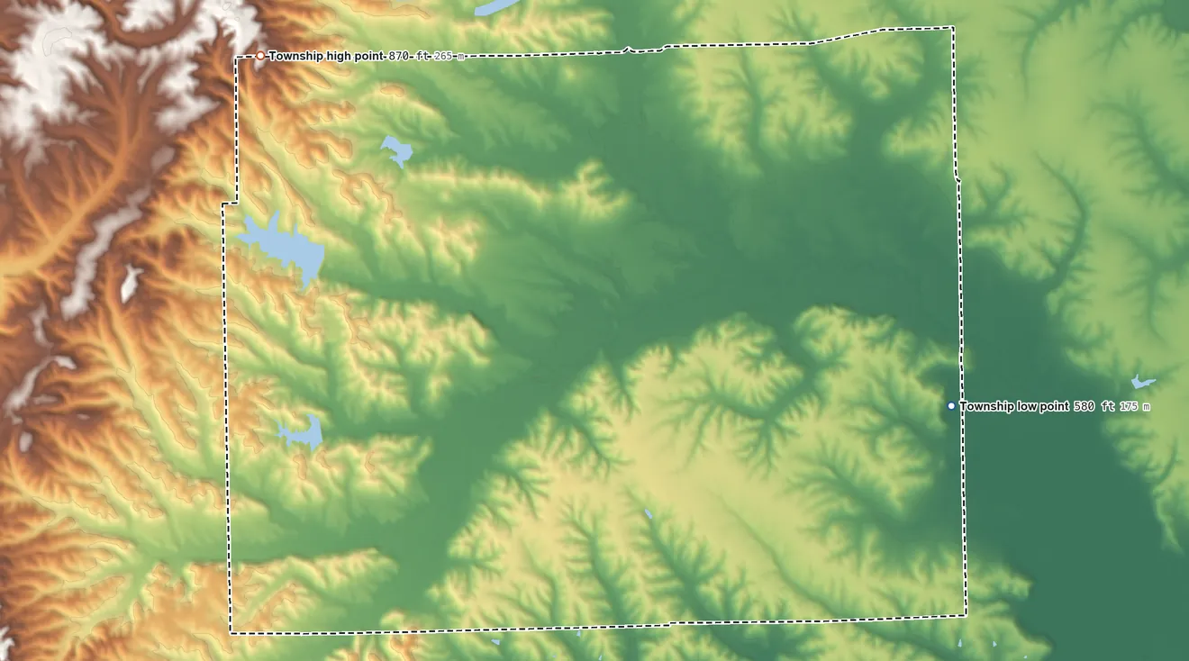 Topographic elevation map of Jackson Township, Bartholomew County, Indiana, shaded from 580 ft on the east side to 870 ft on the northwest side