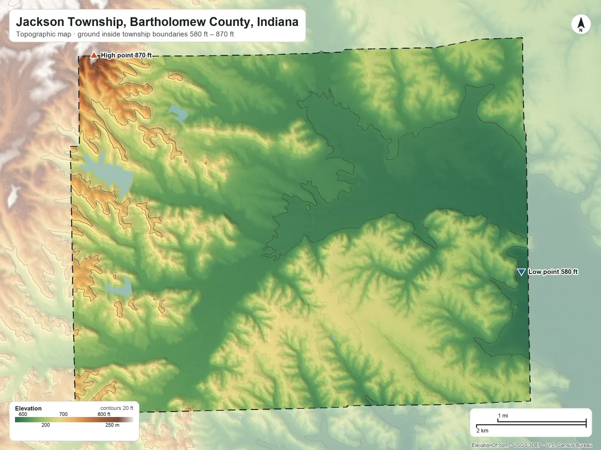 Topographic elevation map of Jackson Township, Bartholomew County, Indiana, shaded from 580 ft on the east side to 870 ft on the northwest side