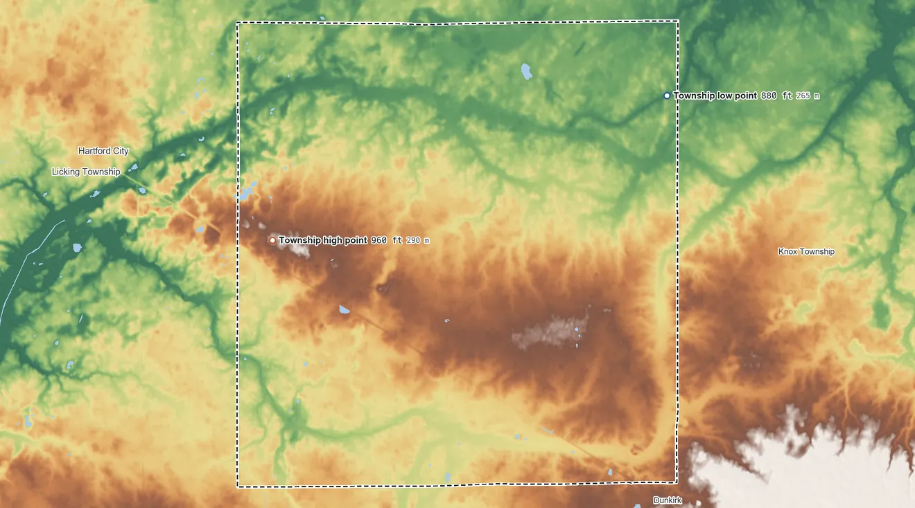 Topographic elevation map of Jackson Township, Blackford County, Indiana, shaded from 880 ft on the northeast side to 960 ft on the west side