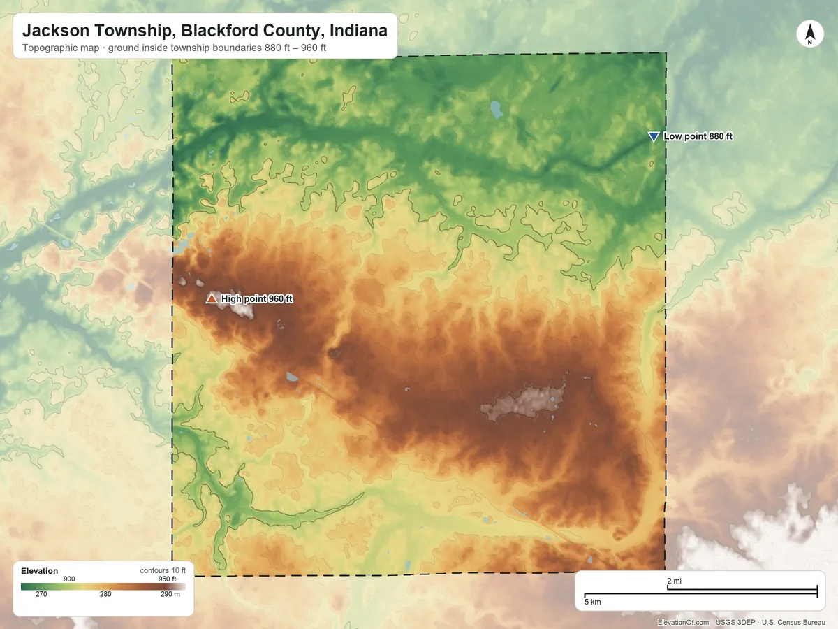 Topographic elevation map of Jackson Township, Blackford County, Indiana, shaded from 880 ft on the northeast side to 960 ft on the west side