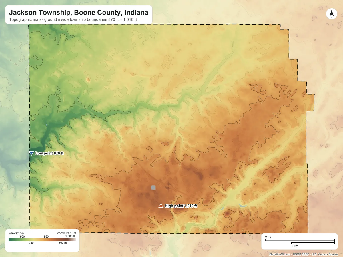 Topographic elevation map of Jackson Township, Boone County, Indiana, shaded from 870 ft on the west side to 1,010 ft on the south side
