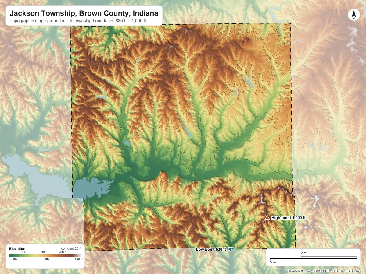 Topographic elevation map of Jackson Township, Brown County, Indiana, shaded from 630 ft on the south side to 1,000 ft on the southeast side