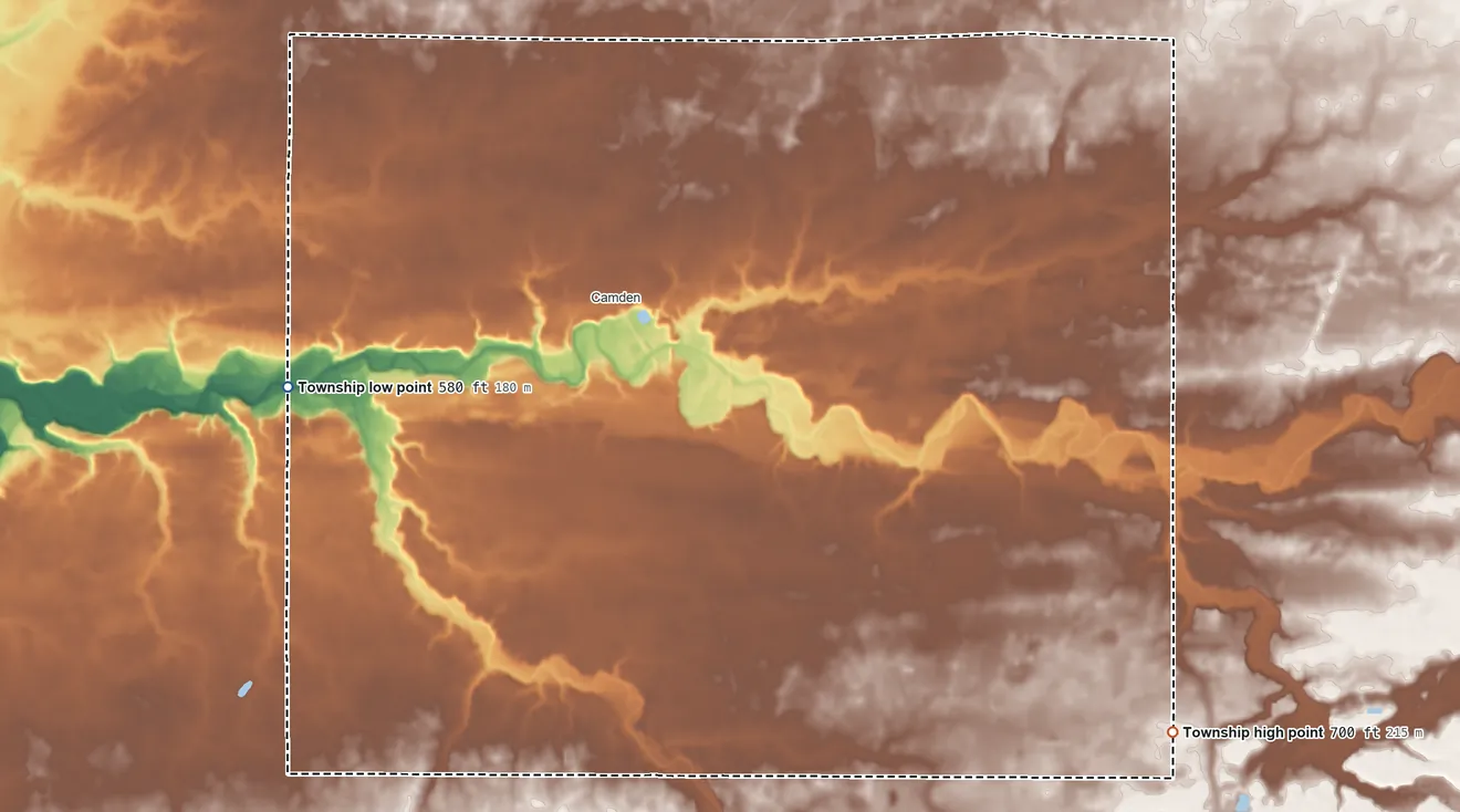 Topographic elevation map of Jackson Township, Carroll County, Indiana, shaded from 580 ft on the west side to 700 ft on the southeast side