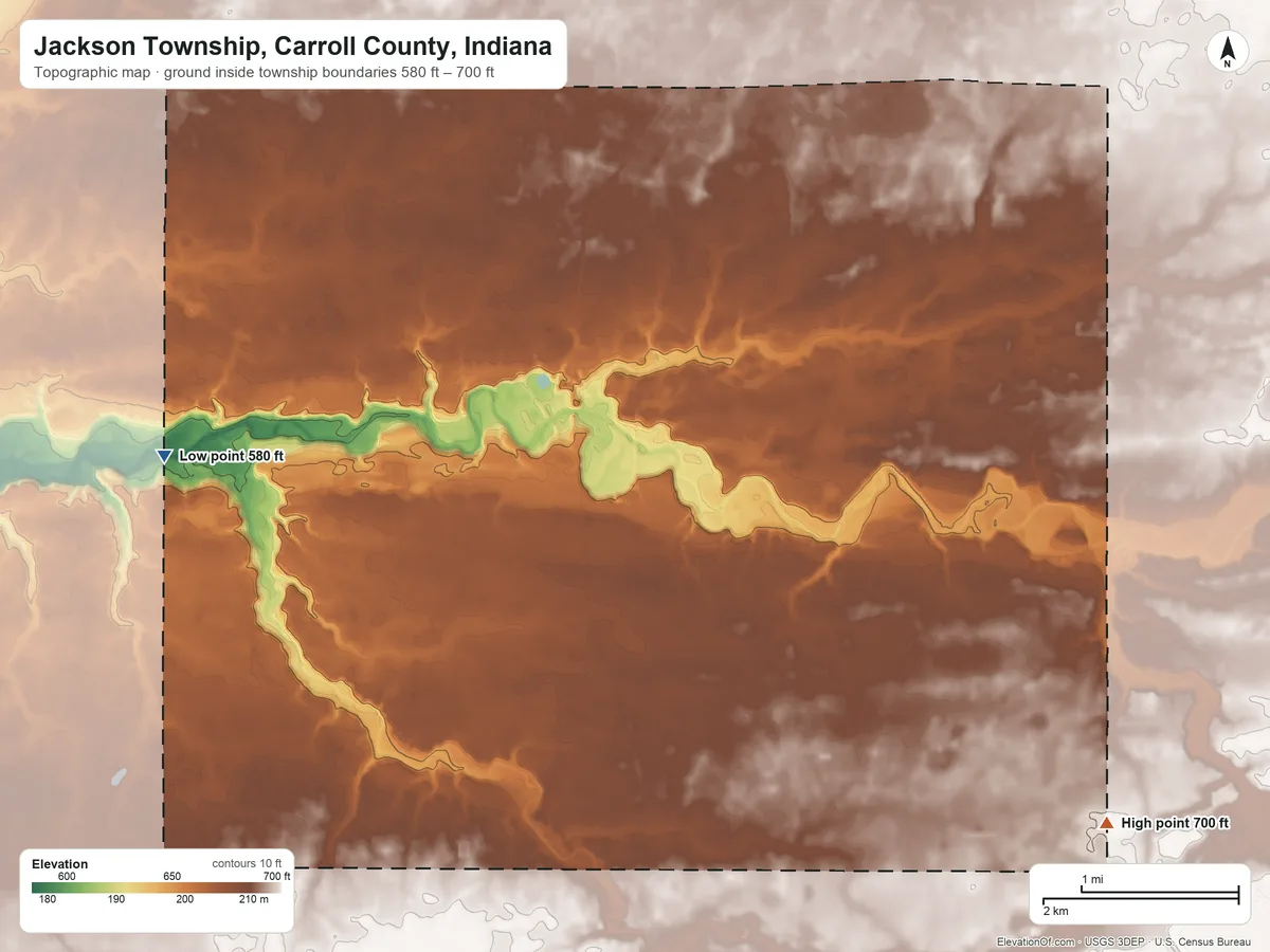 Topographic elevation map of Jackson Township, Carroll County, Indiana, shaded from 580 ft on the west side to 700 ft on the southeast side