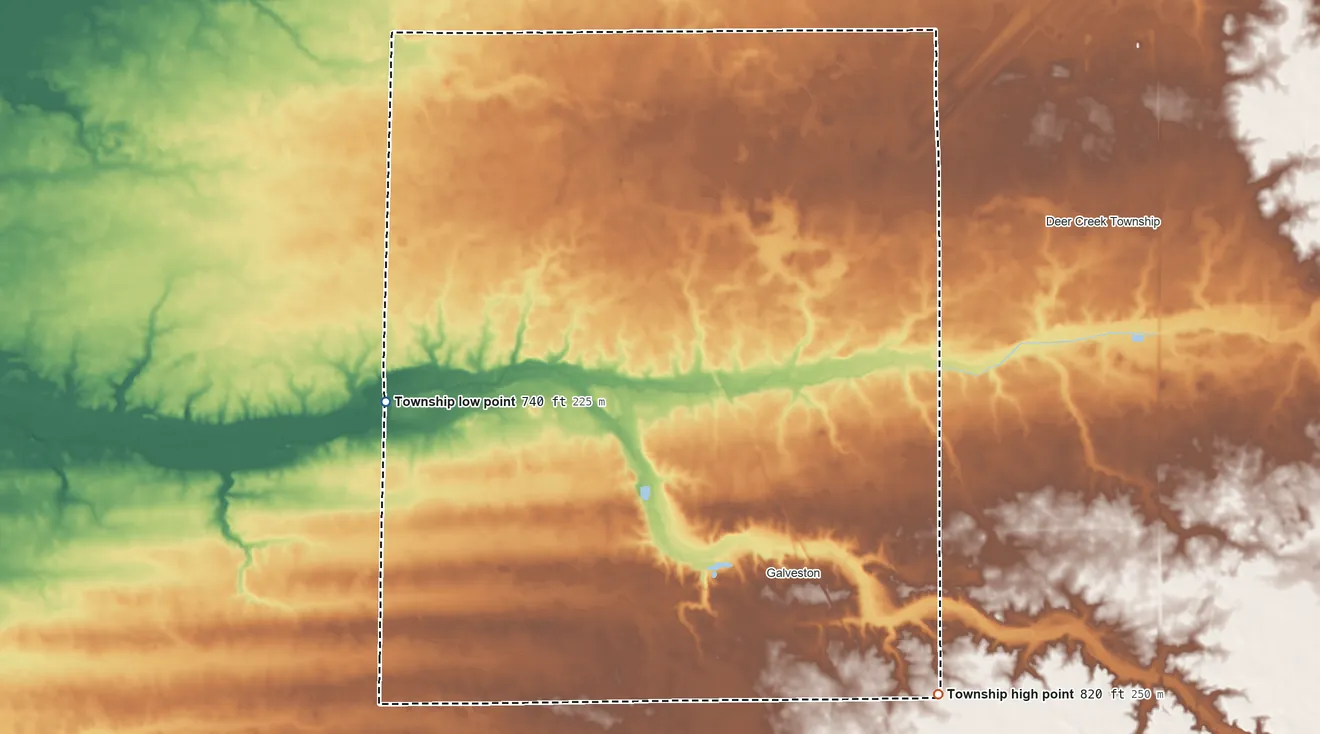 Topographic elevation map of Jackson Township, Cass County, Indiana, shaded from 740 ft on the west side to 820 ft on the southeast side