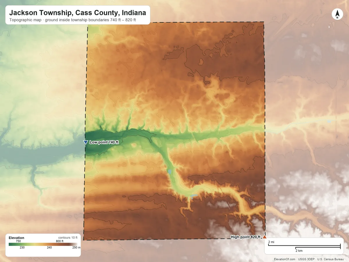 Topographic elevation map of Jackson Township, Cass County, Indiana, shaded from 740 ft on the west side to 820 ft on the southeast side