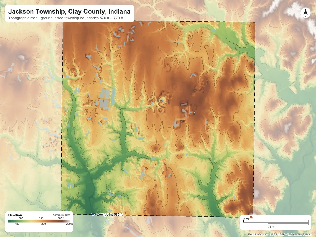 Topographic elevation map of Jackson Township, Clay County, Indiana, shaded from 570 ft on the south side to 720 ft on the southeast side