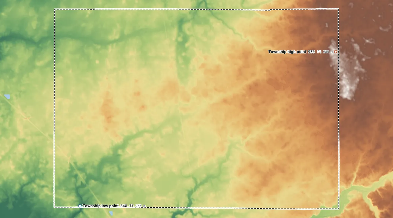 Topographic elevation map of Jackson Township, Clinton County, Indiana, shaded from 840 ft on the southwest side to 930 ft on the east side