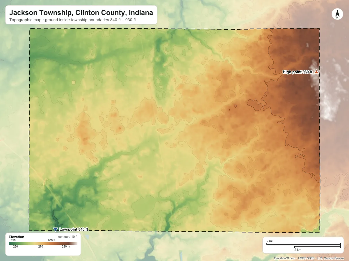 Topographic elevation map of Jackson Township, Clinton County, Indiana, shaded from 840 ft on the southwest side to 930 ft on the east side