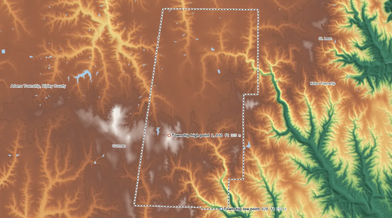 Topographic elevation map of Jackson Township, Dearborn County, Indiana, shaded from 820 ft on the south side to 1,040 ft on the southwest side