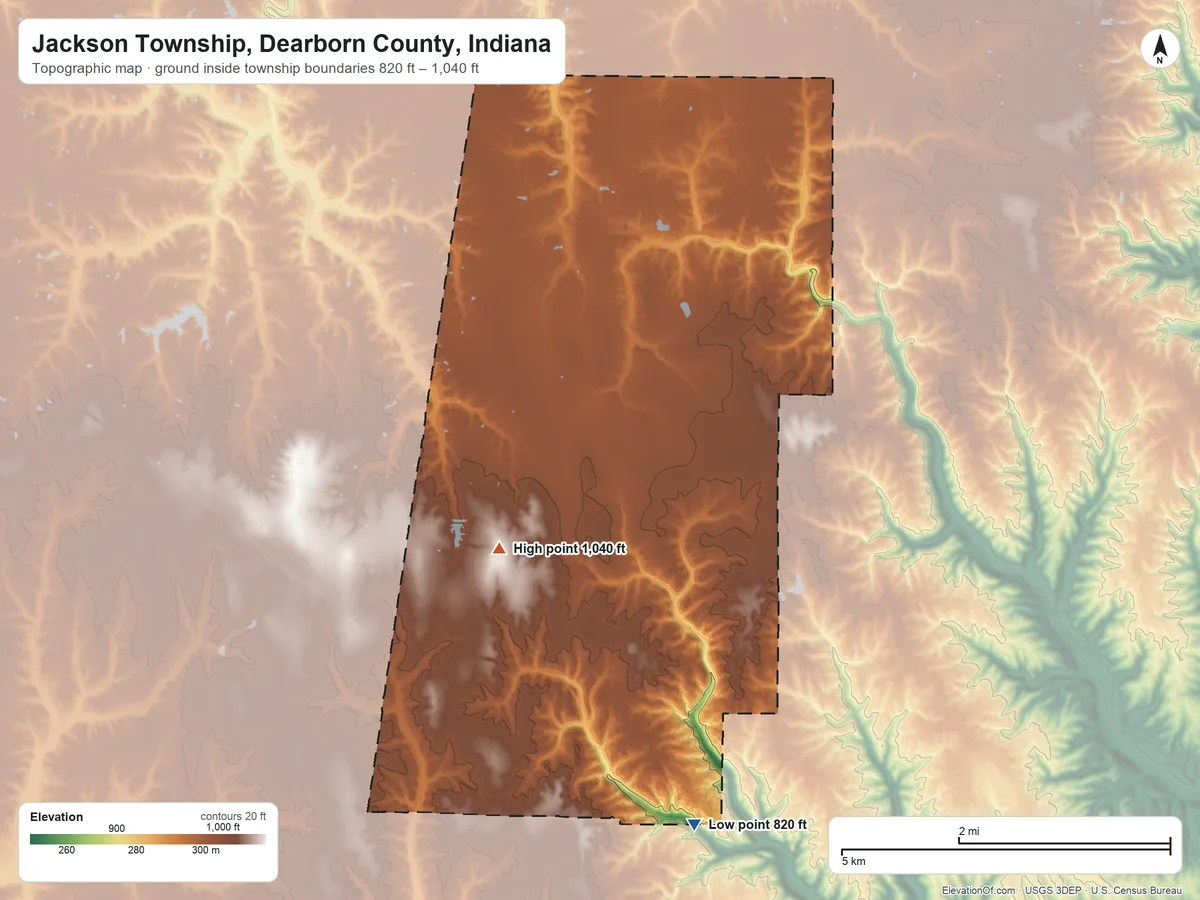 Topographic elevation map of Jackson Township, Dearborn County, Indiana, shaded from 820 ft on the south side to 1,040 ft on the southwest side
