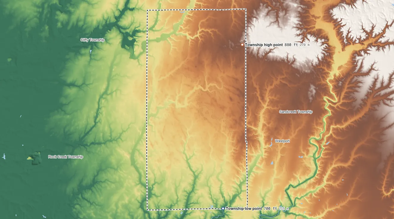 Topographic elevation map of Jackson Township, Decatur County, Indiana, shaded from 700 ft on the south side to 880 ft on the northeast side