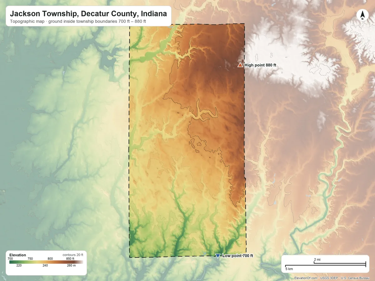 Topographic elevation map of Jackson Township, Decatur County, Indiana, shaded from 700 ft on the south side to 880 ft on the northeast side