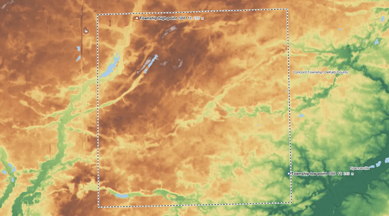Topographic elevation map of Jackson Township, DeKalb County, Indiana, shaded from 800 ft on the southeast side to 900 ft on the northwest side