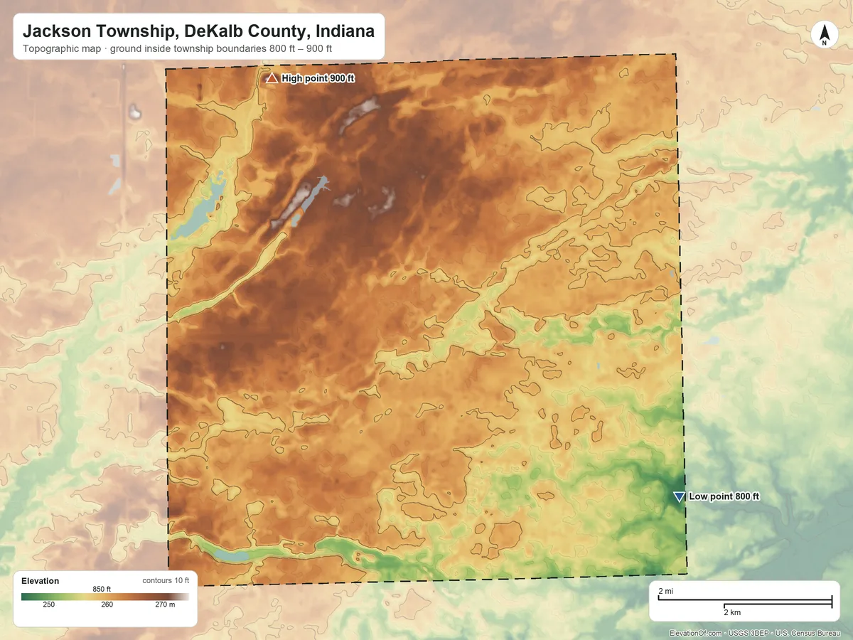 Topographic elevation map of Jackson Township, DeKalb County, Indiana, shaded from 800 ft on the southeast side to 900 ft on the northwest side