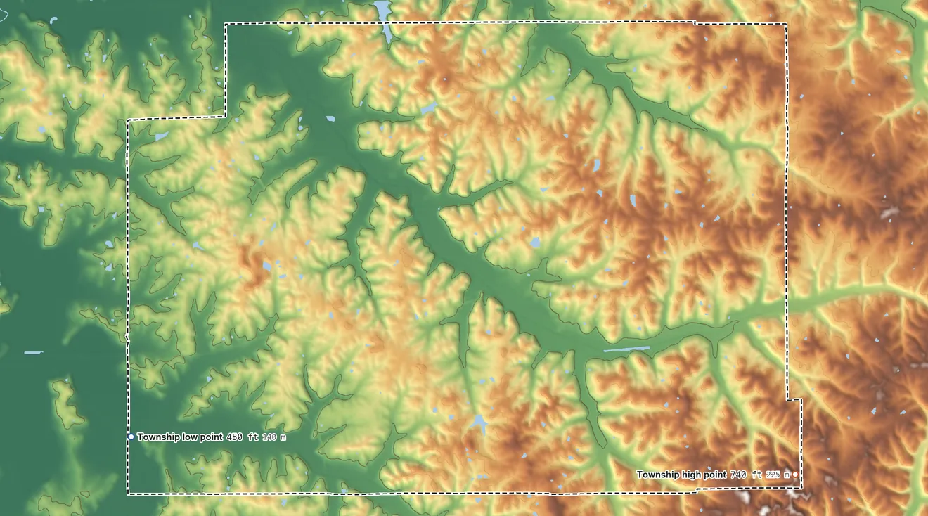 Topographic elevation map of Jackson Township, Dubois County, Indiana, shaded from 450 ft on the southwest side to 740 ft on the southeast side