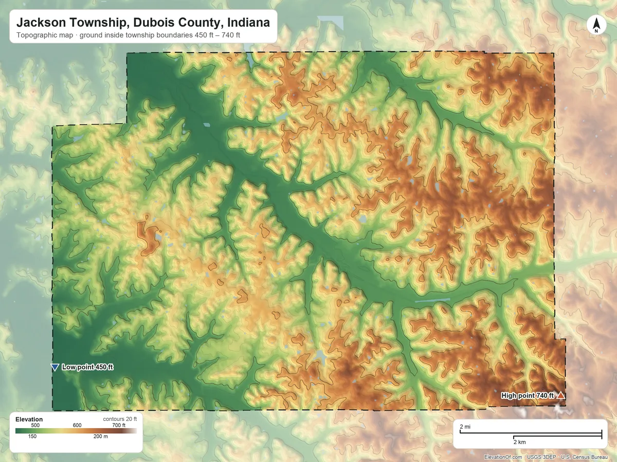 Topographic elevation map of Jackson Township, Dubois County, Indiana, shaded from 450 ft on the southwest side to 740 ft on the southeast side
